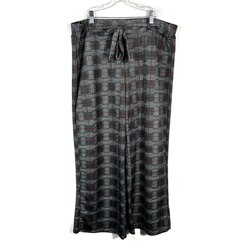 Ashley Blue Gray Plaid Tie Waist High Rise Stretch Knit Straight Leg Pants 2X